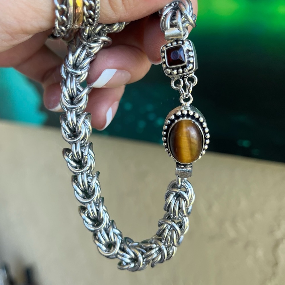 Handmade bizantine link chain bracelet with red garnet & tiger eye men bracelet - Picture 16 of 16